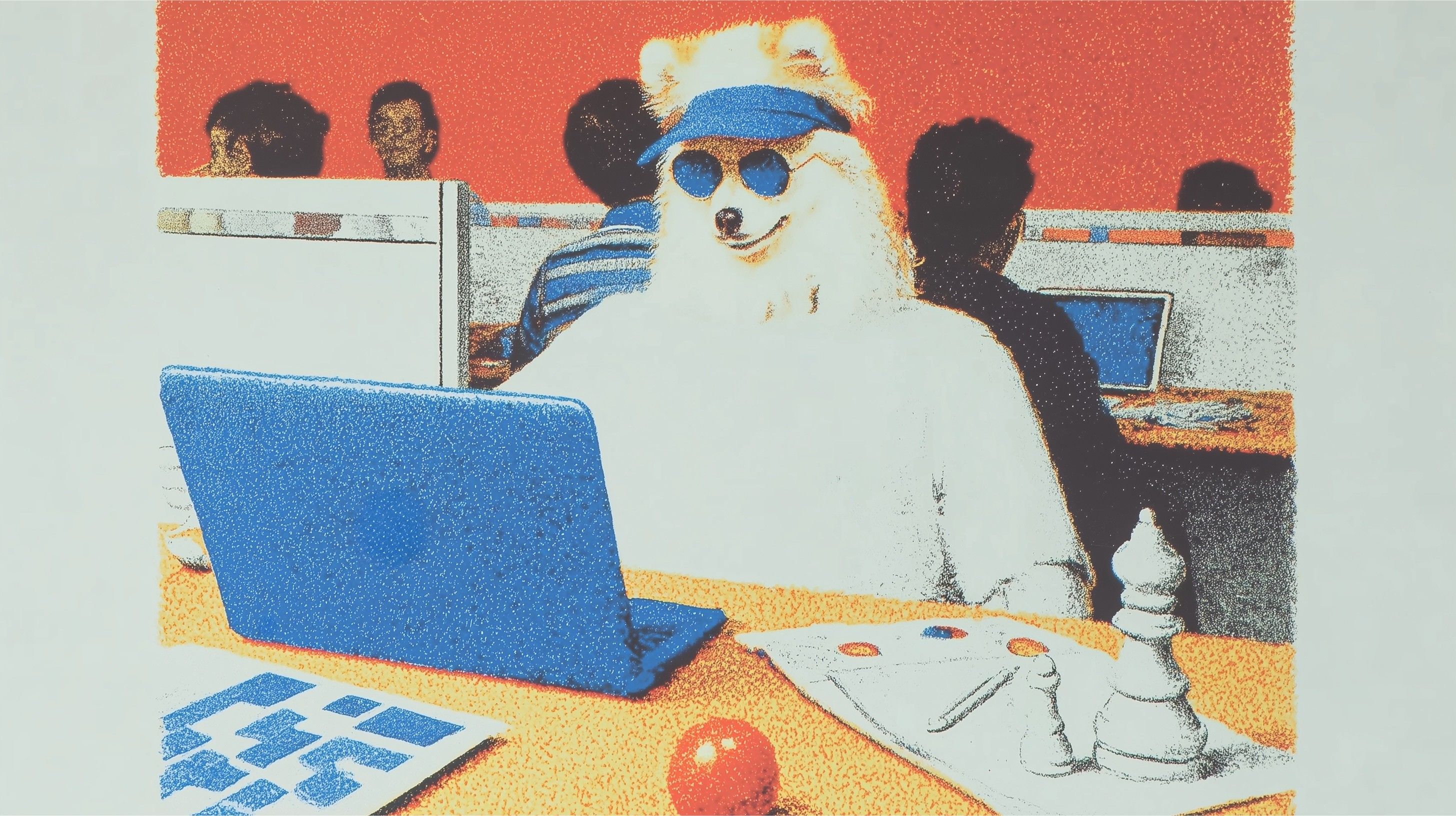 A dog trapped in a corporate cubicle, staring at a laptop under red fluorescent lights