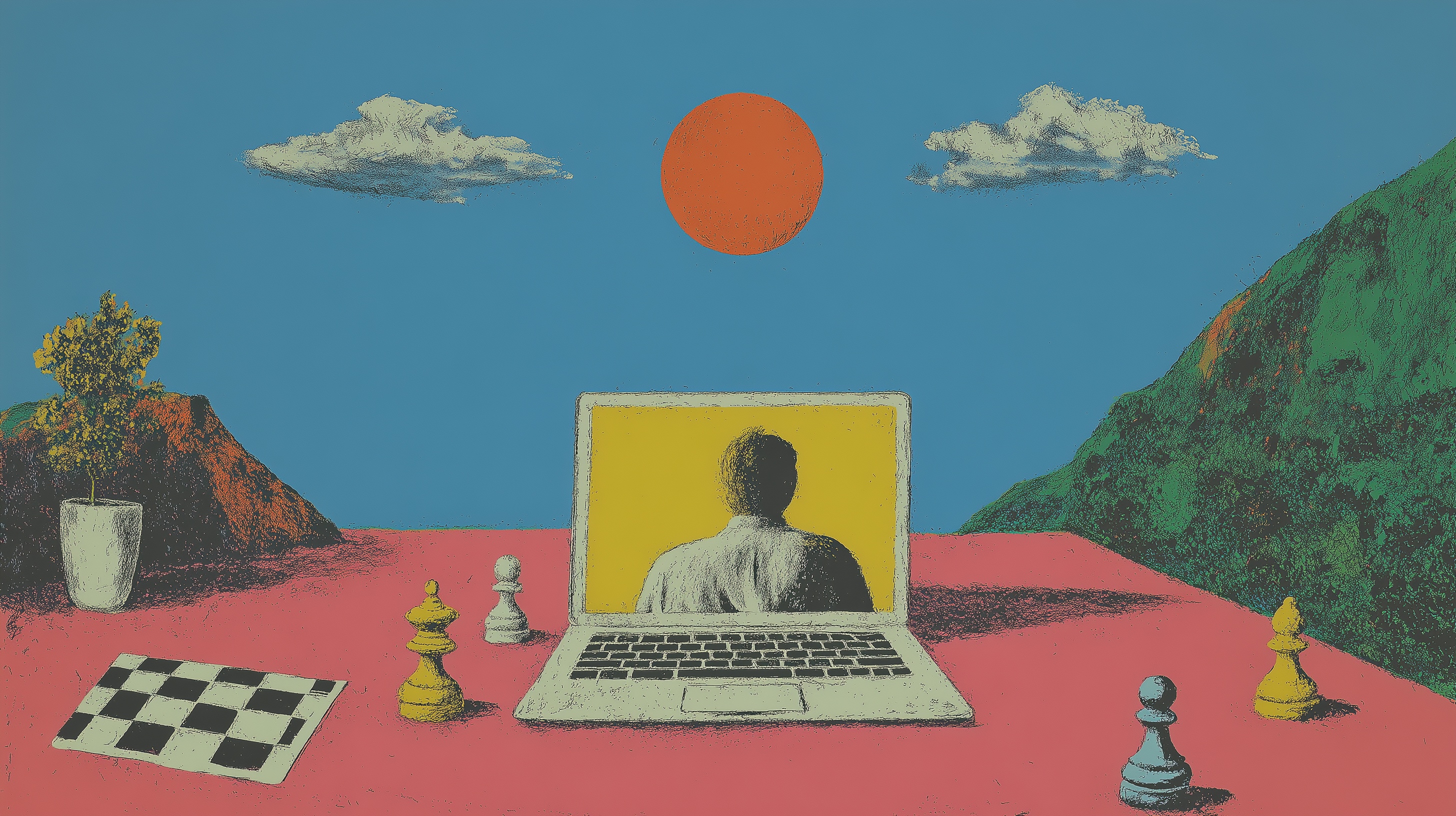 A person working on a laptop outdoors with chess pieces, mountains, and an open sky