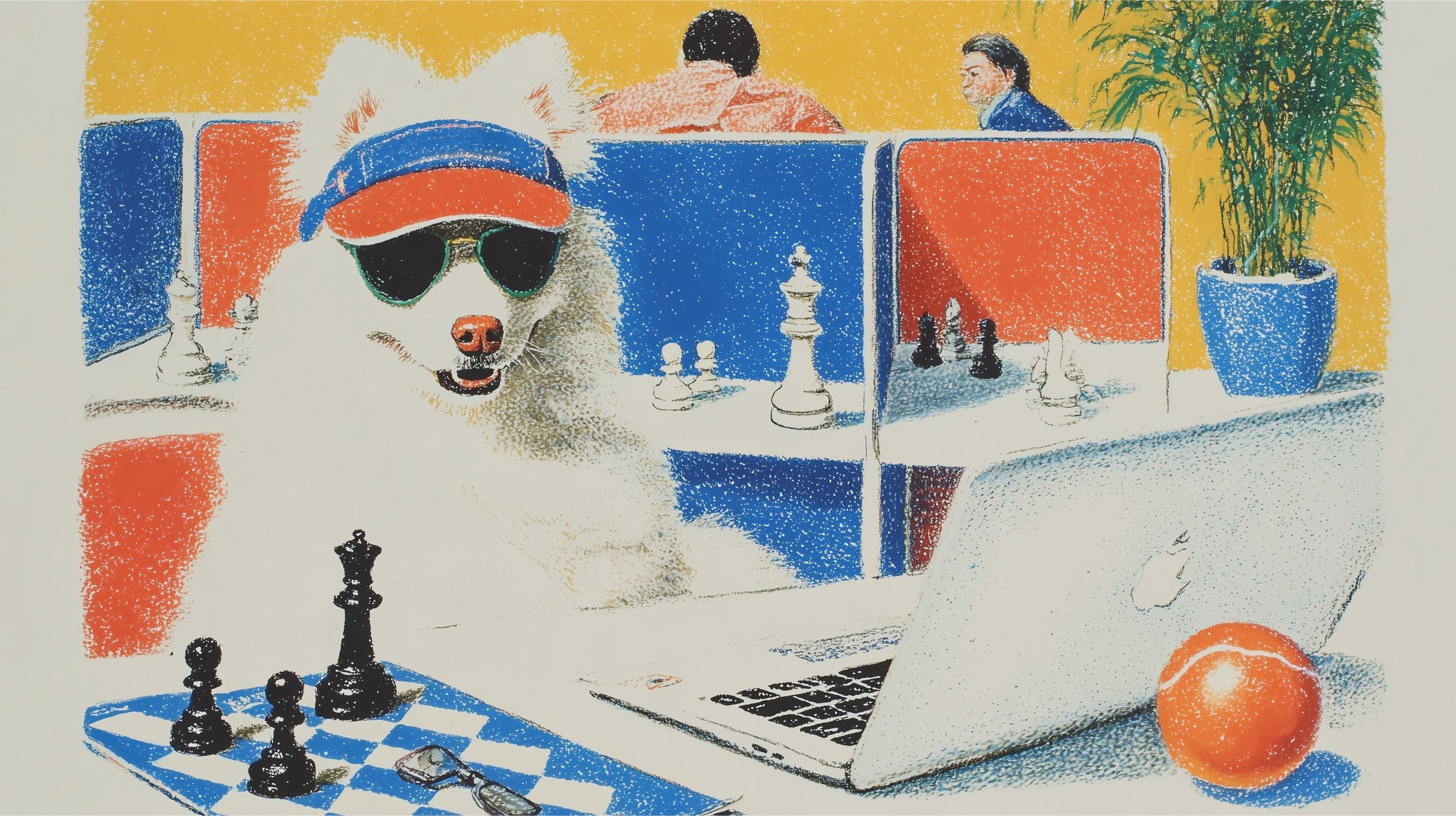 The Gambit mascot — a Pomeranian with sunglasses making strategic moves at a chess board
