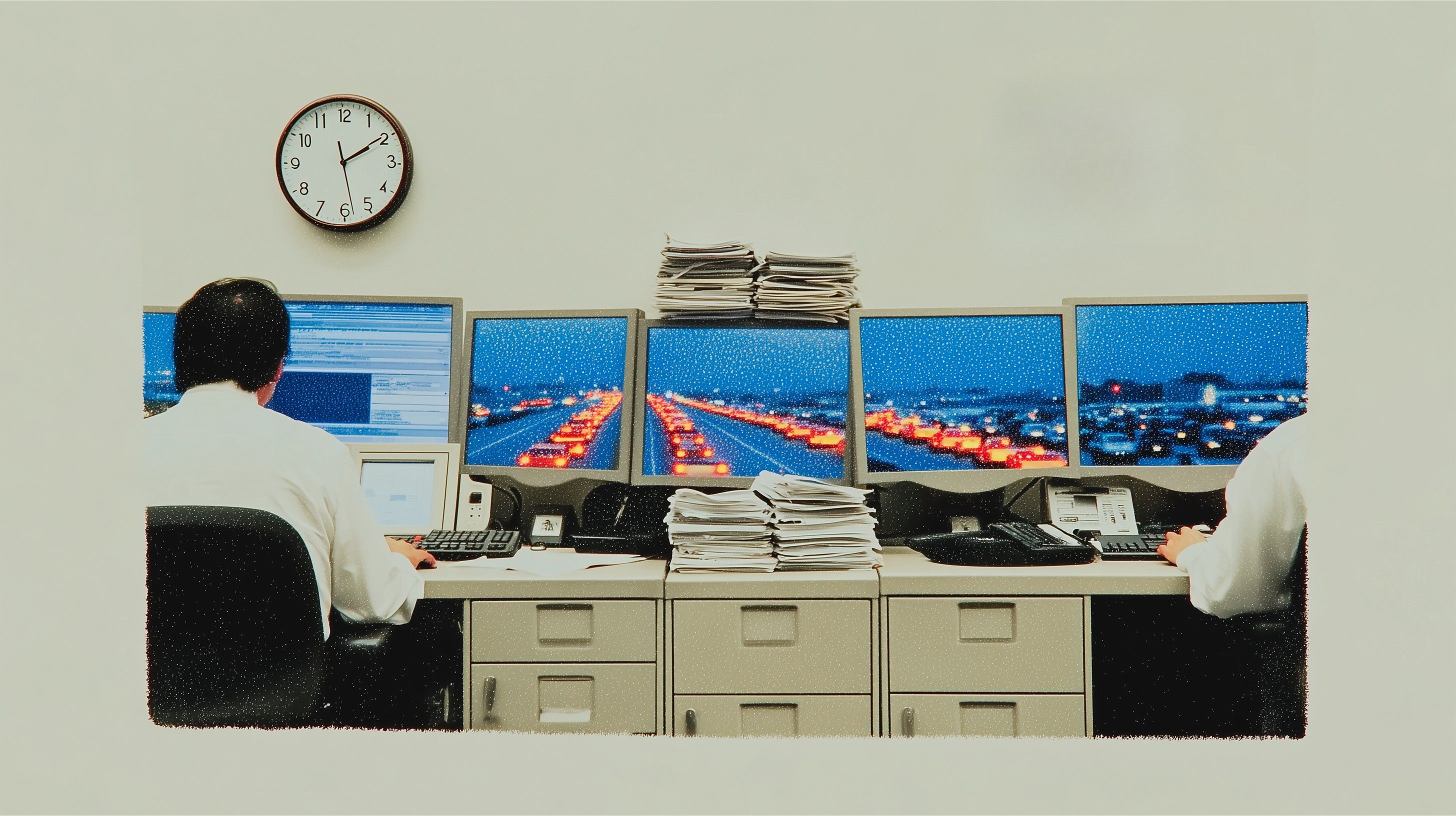 Two office workers staring at monitors showing traffic jams — the corporate grind
