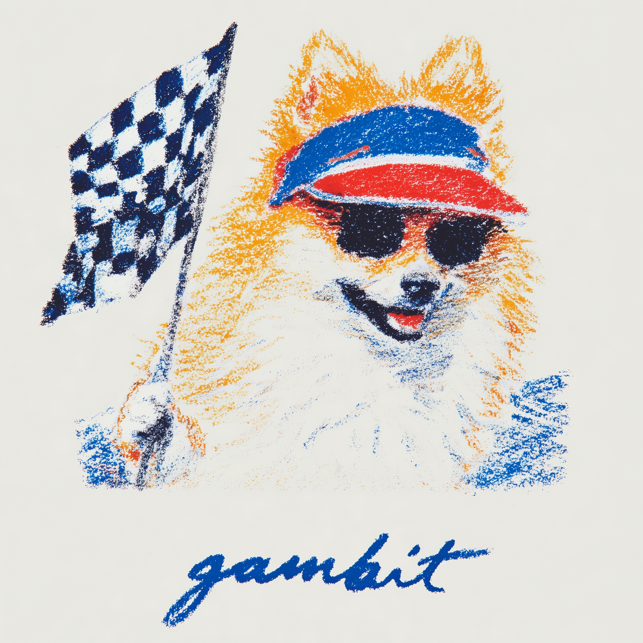 Gambit mascot — a Pomeranian waving a checkered flag with the gambit wordmark